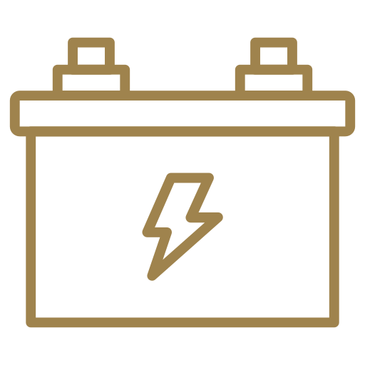 Simple brown outline of a car battery with a lightning bolt symbol in the center, set against a light gray background.