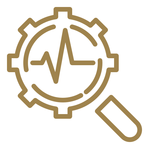 Brown outline of a magnifying glass combined with a gear, with a heartbeat line inside the lens, symbolizing analysis, monitoring, or diagnostics.