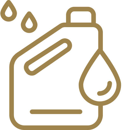 Icon of an oil container with a handle, featuring a large droplet on its side and two smaller droplets above, indicating liquid or oil. The design is in a simple brown outline style.