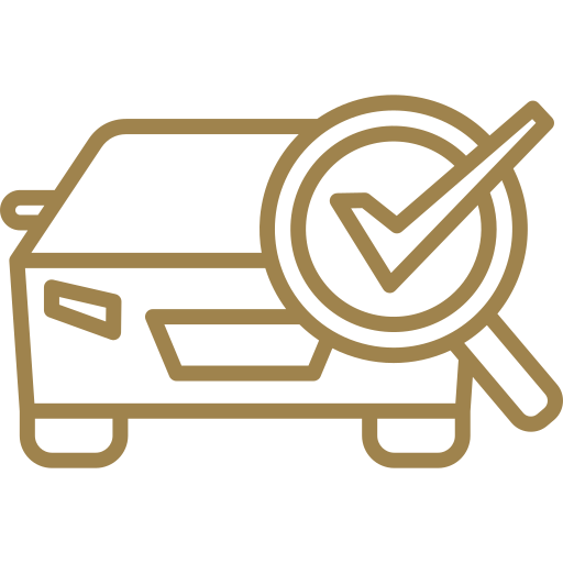 A brown outline of a car with a magnifying glass over it. Inside the magnifying glass is a checkmark, suggesting inspection, approval, or verification of the vehicle.